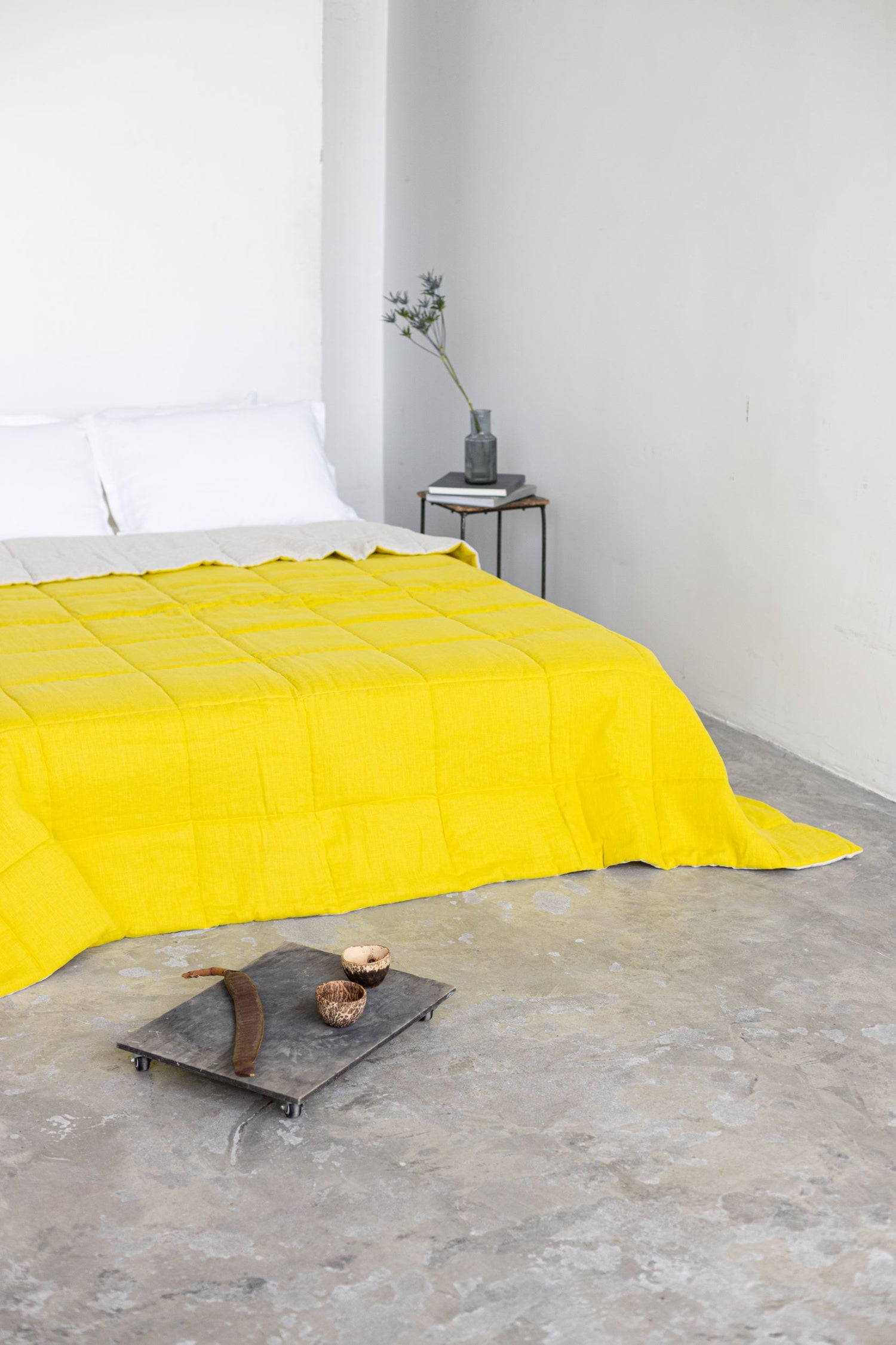 Chartreuse quilted linen bedspread