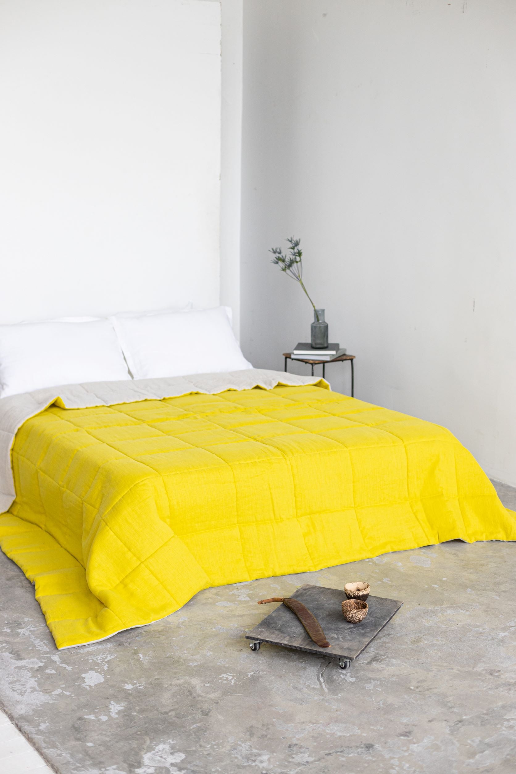 Chartreuse quilted linen bedspread