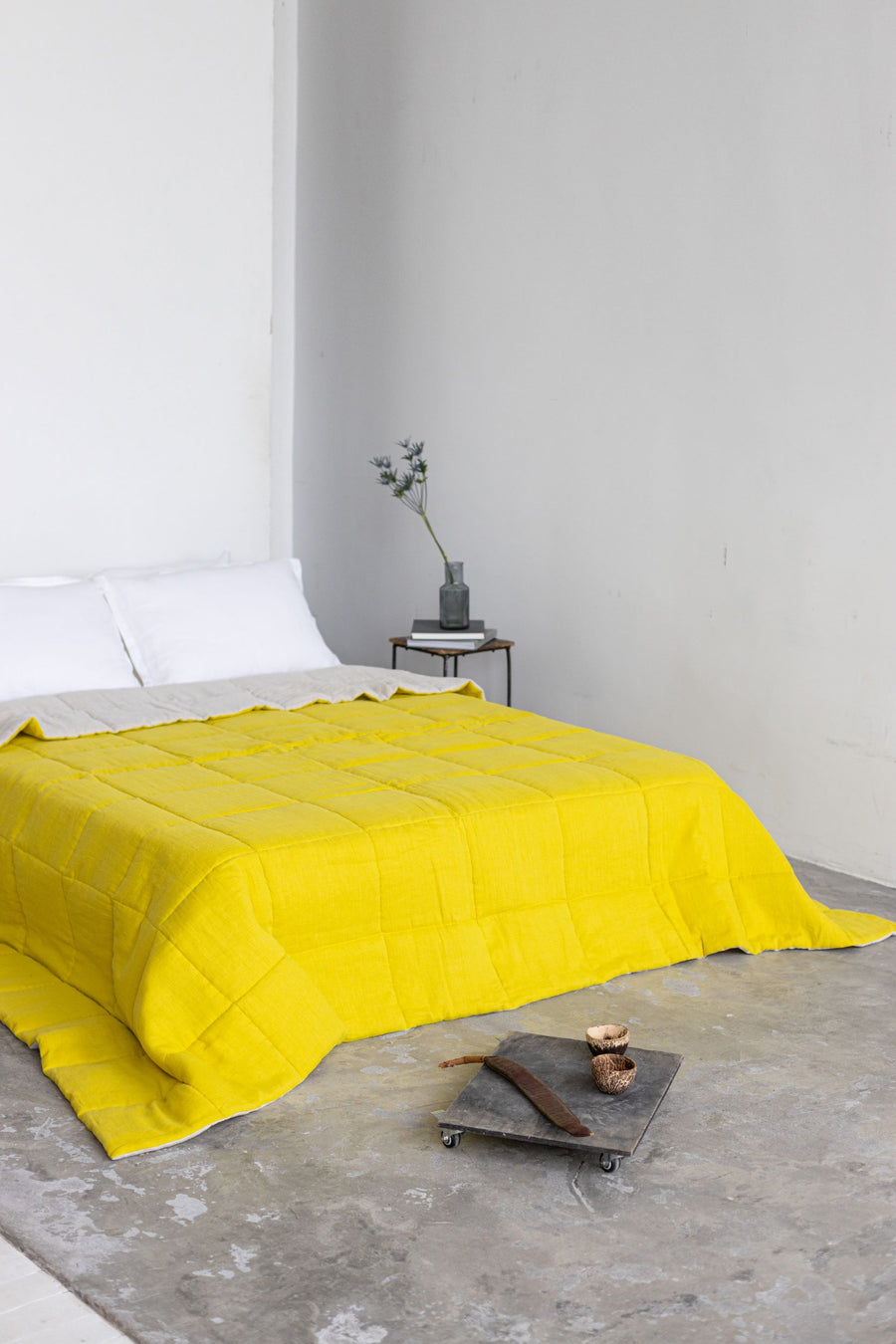 Chartreuse quilted linen bedspread