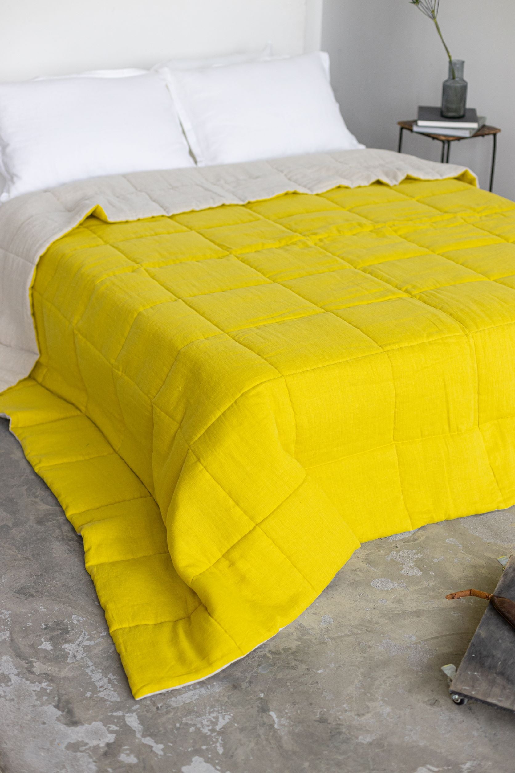 Chartreuse quilted linen bedspread