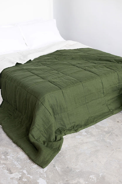 Dark green quilted linen bedspread