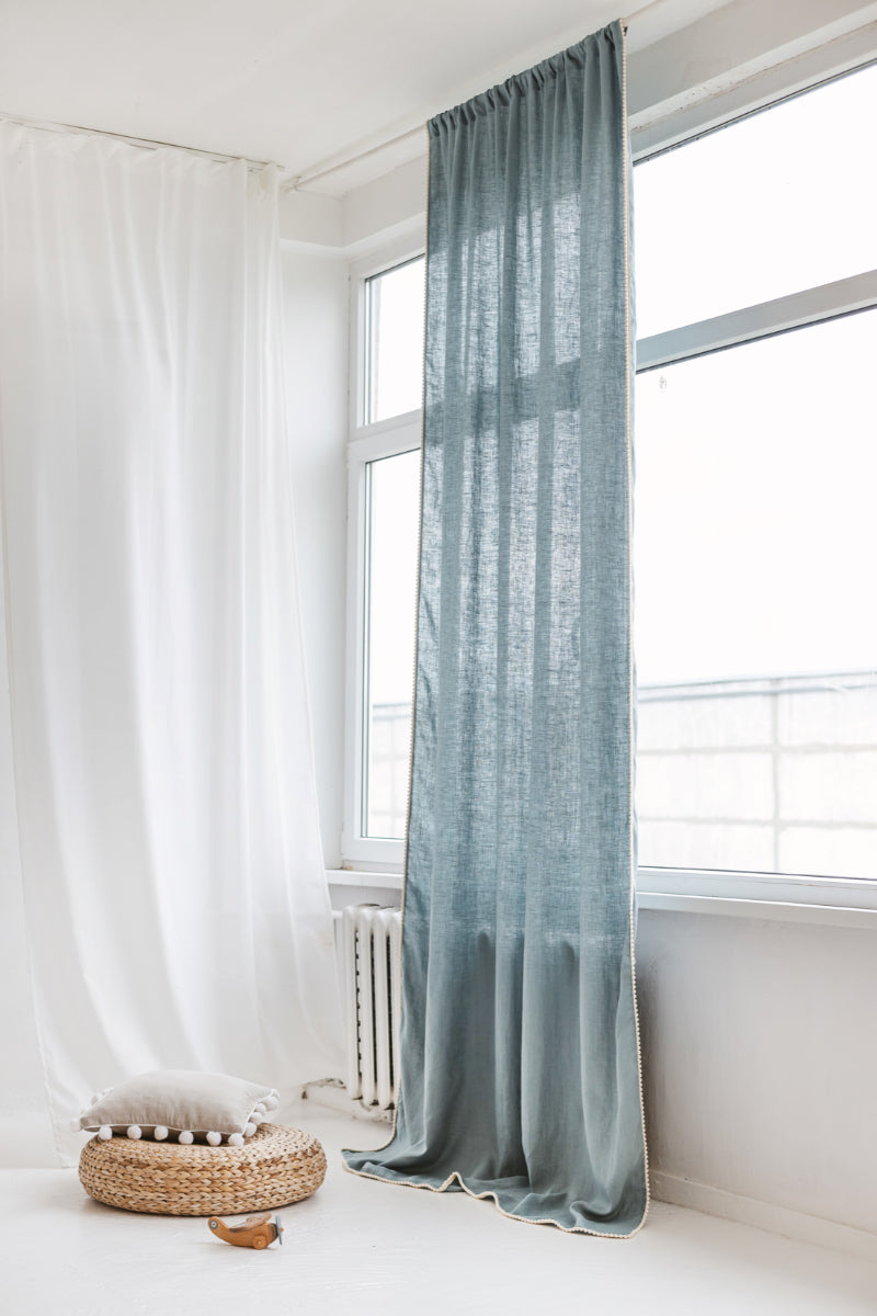 Dusty Aqua Linen Pom Pom Curtain