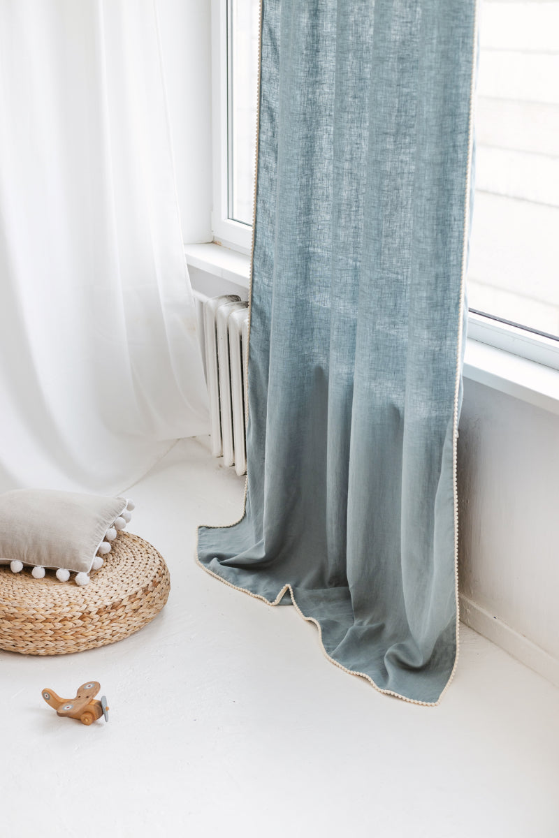 Dusty Aqua Linen Pom Pom Curtain