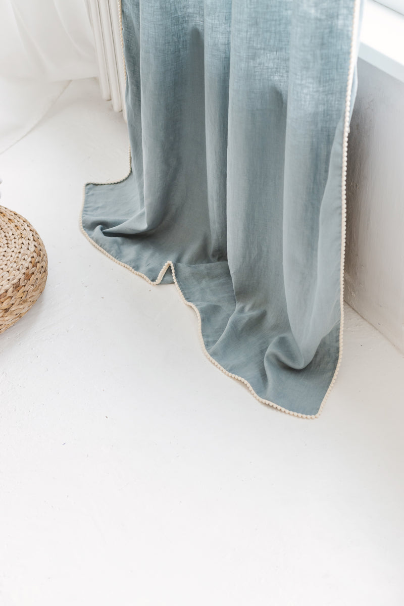 Dusty Aqua Linen Pom Pom Curtain