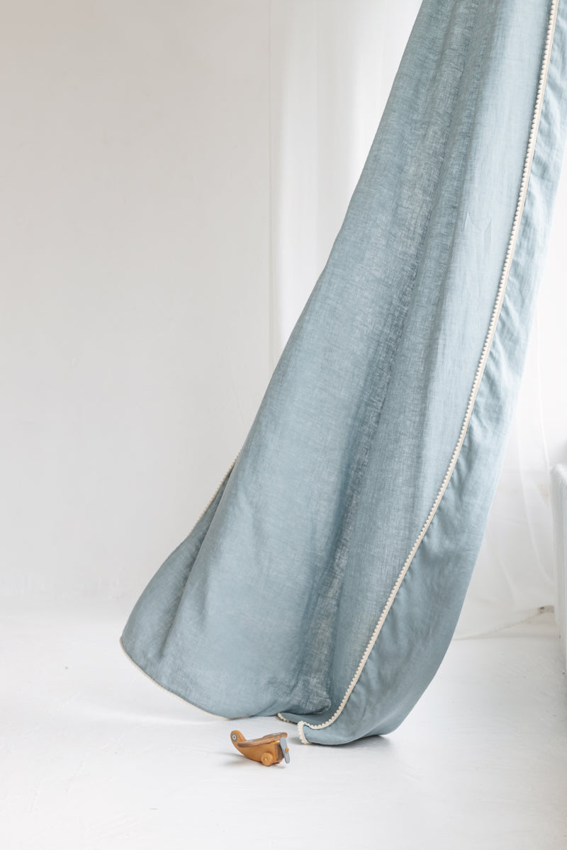 Dusty Aqua Linen Pom Pom Curtain