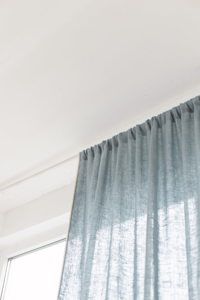 Dusty Aqua Linen Pom Pom Curtain