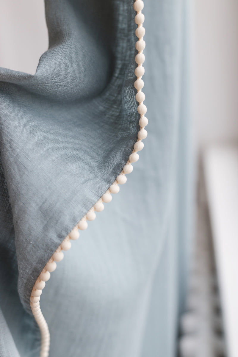 Dusty Aqua Linen Pom Pom Curtain