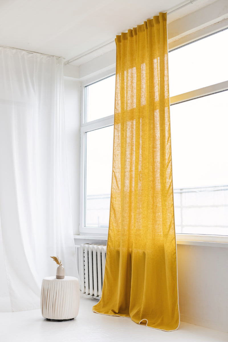 linen curtain with pom pom trim