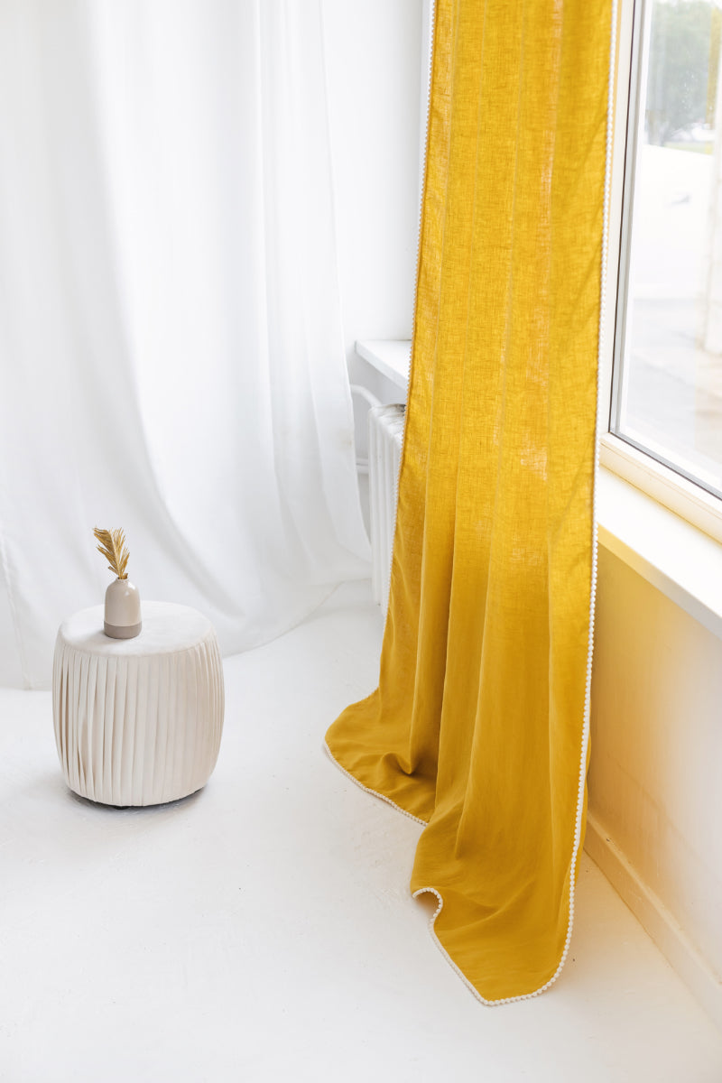 linen curtain with pom pom trim