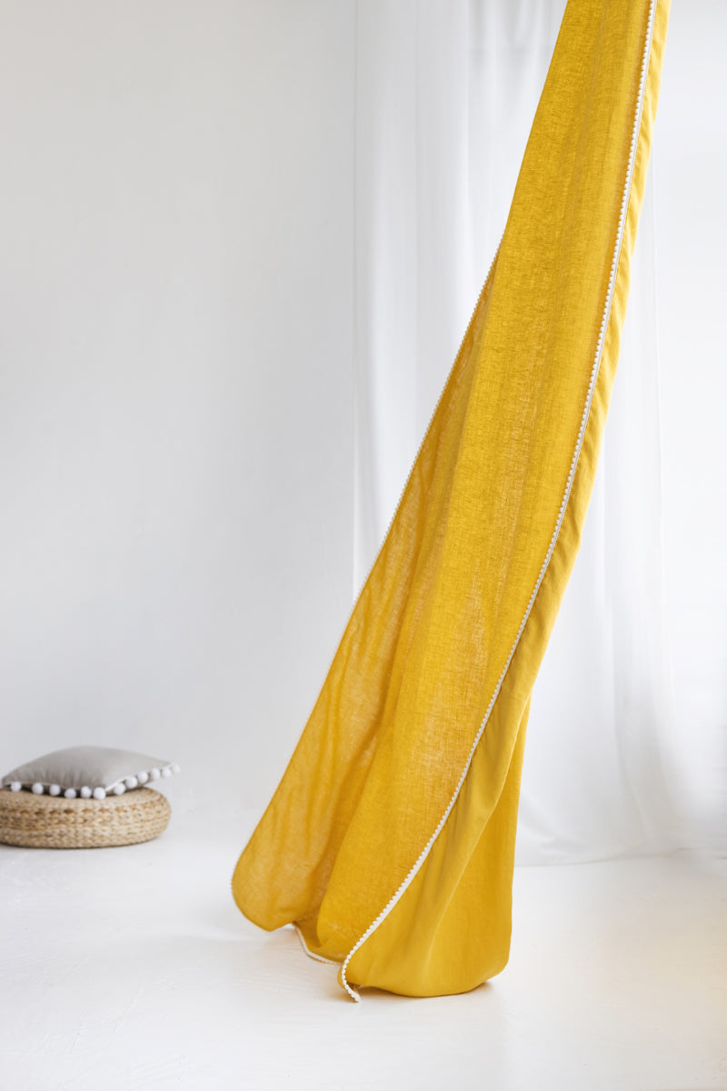 linen curtain with pom pom trim