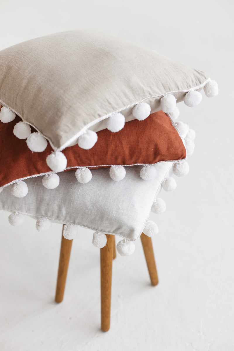 linen pom pom pillow cover