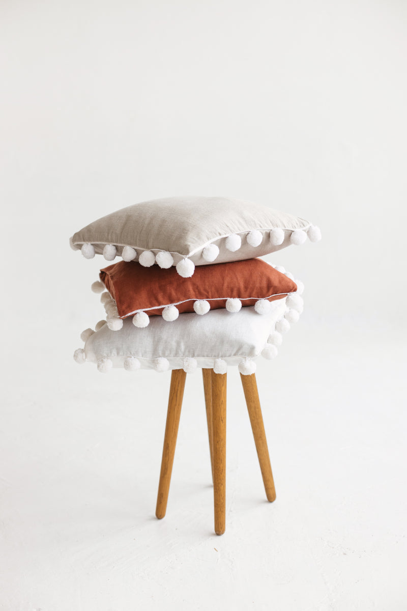 linen pom pom pillow cover