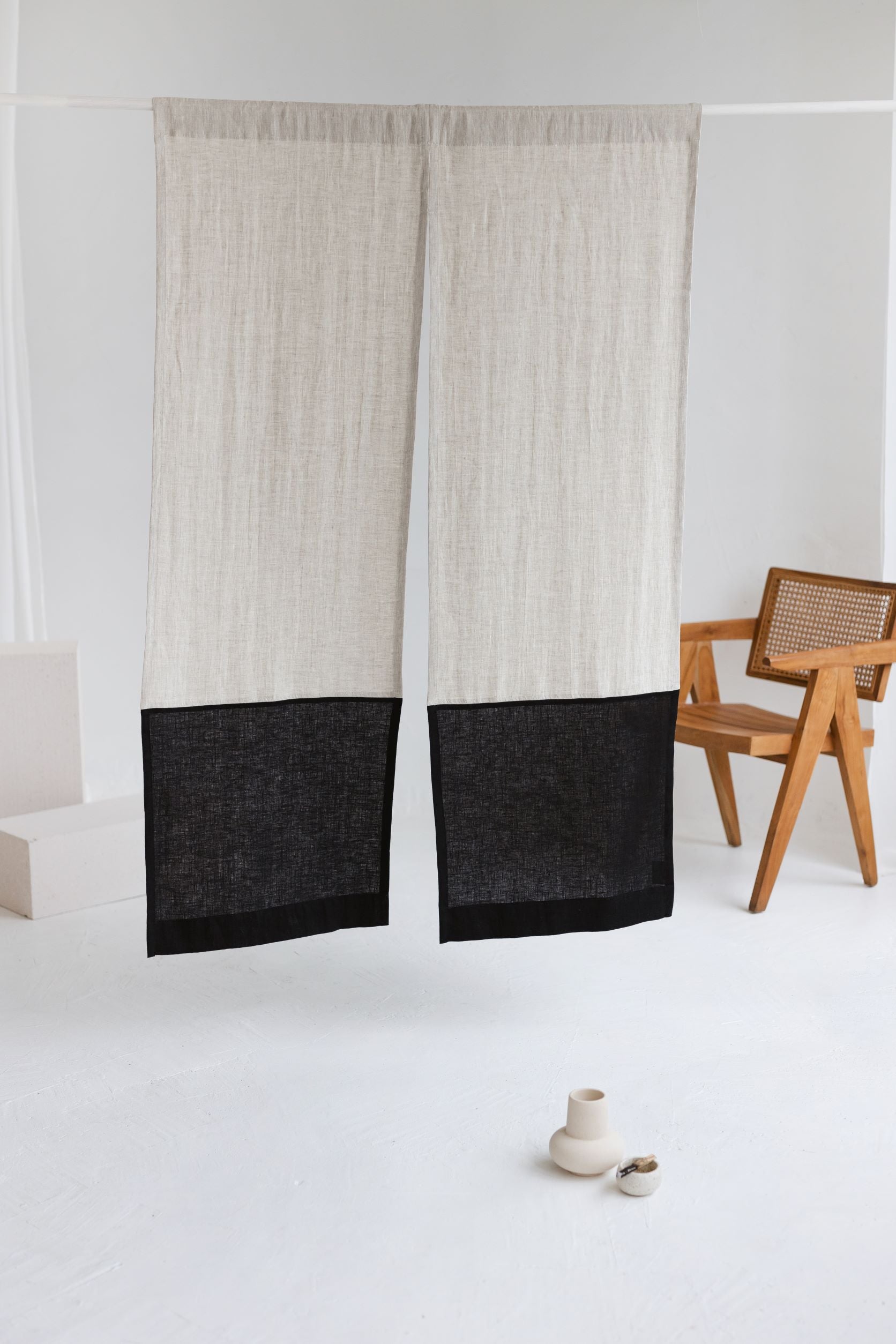 Color Block Natural Light Black Linen Japanese Noren Curtain