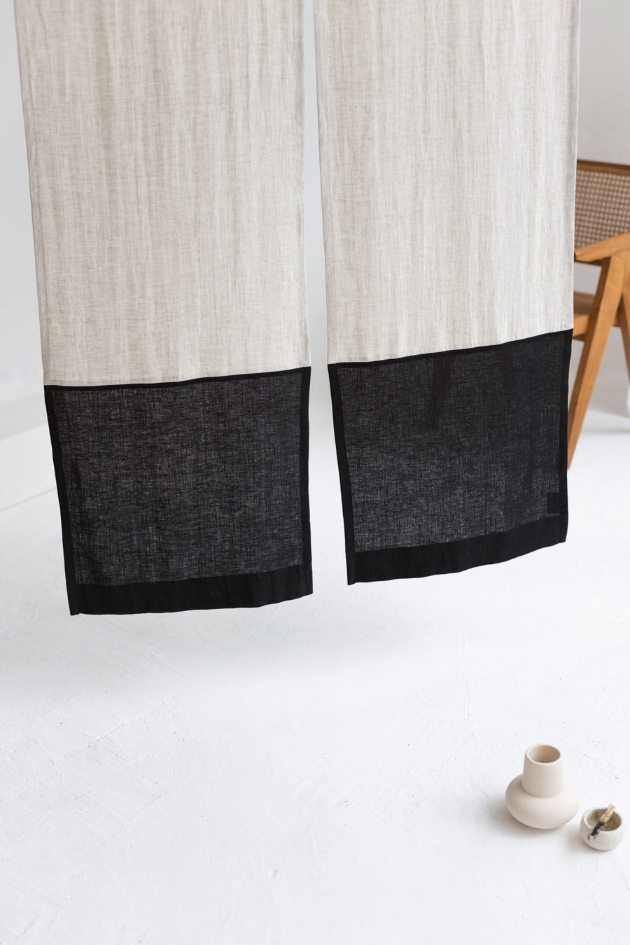 Color Block Natural Light Black Linen Japanese Noren Curtain