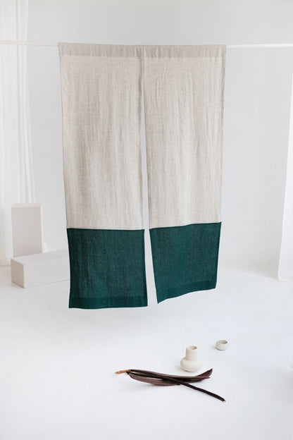 Color Block Natural Light Emerald Linen Japanese Noren Curtain