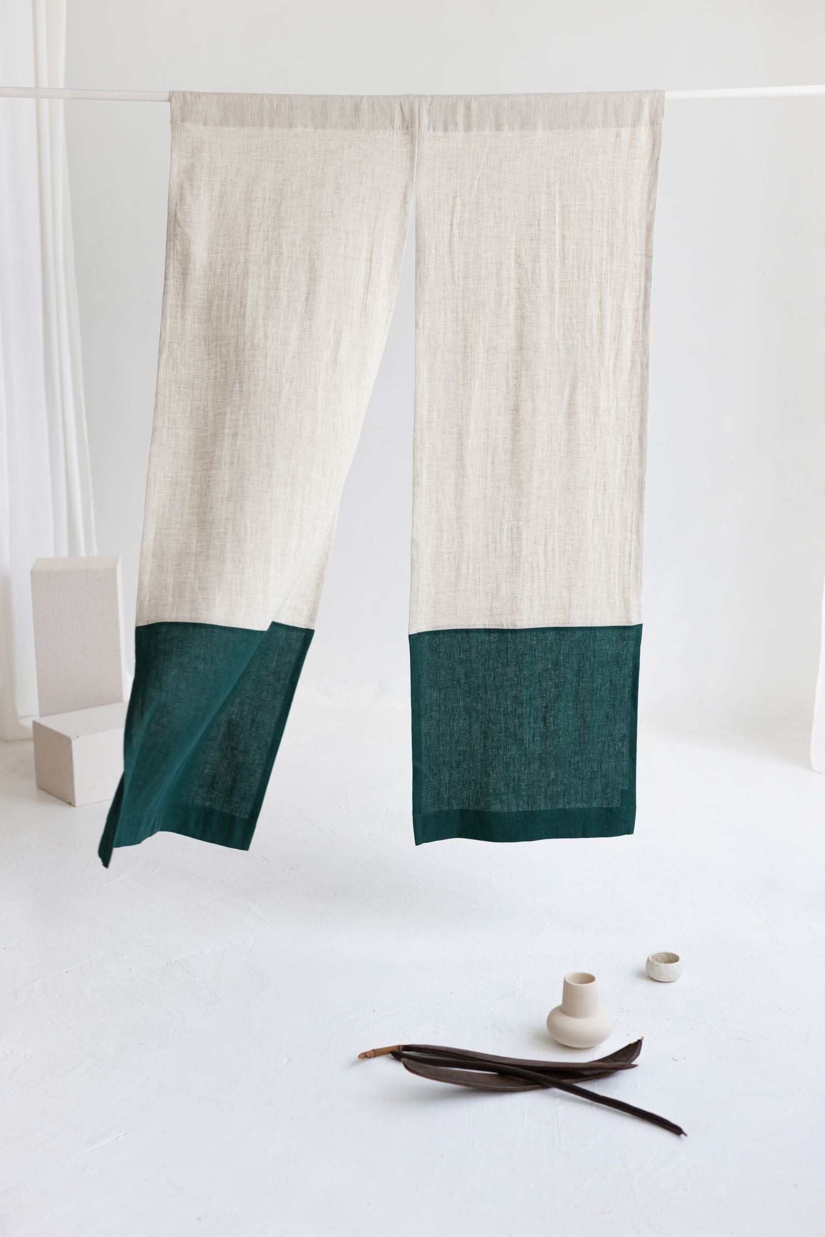 Color Block Natural Light Emerald Linen Japanese Noren Curtain