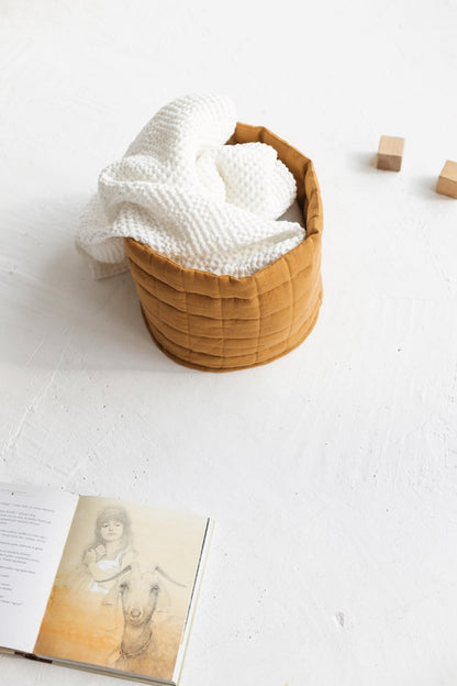 Green Linen Quilted Storage Basket