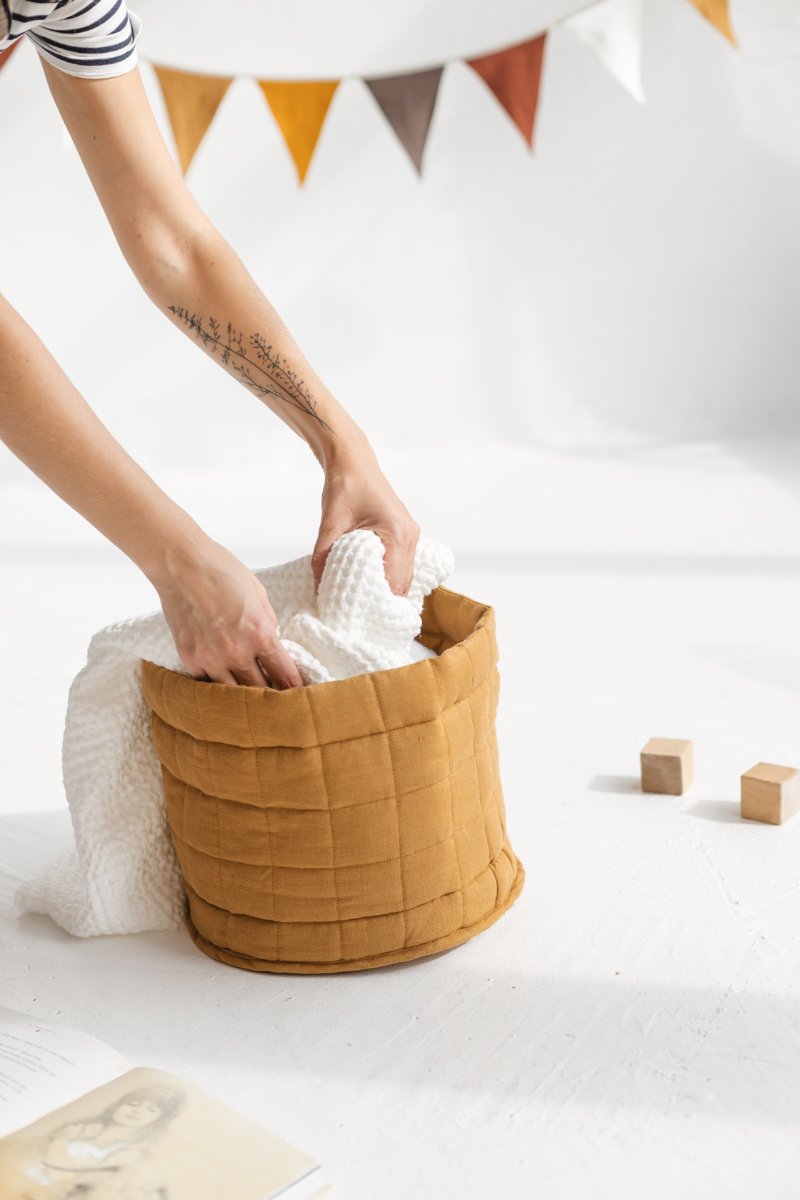 Green Linen Quilted Storage Basket