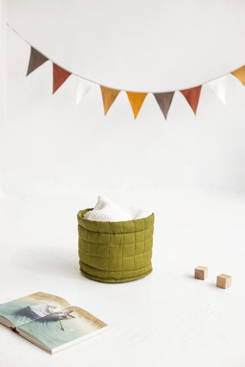 Green Linen Quilted Storage Basket