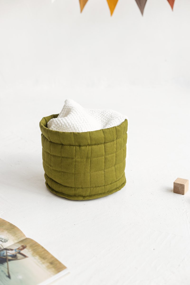 Green Linen Quilted Storage Basket