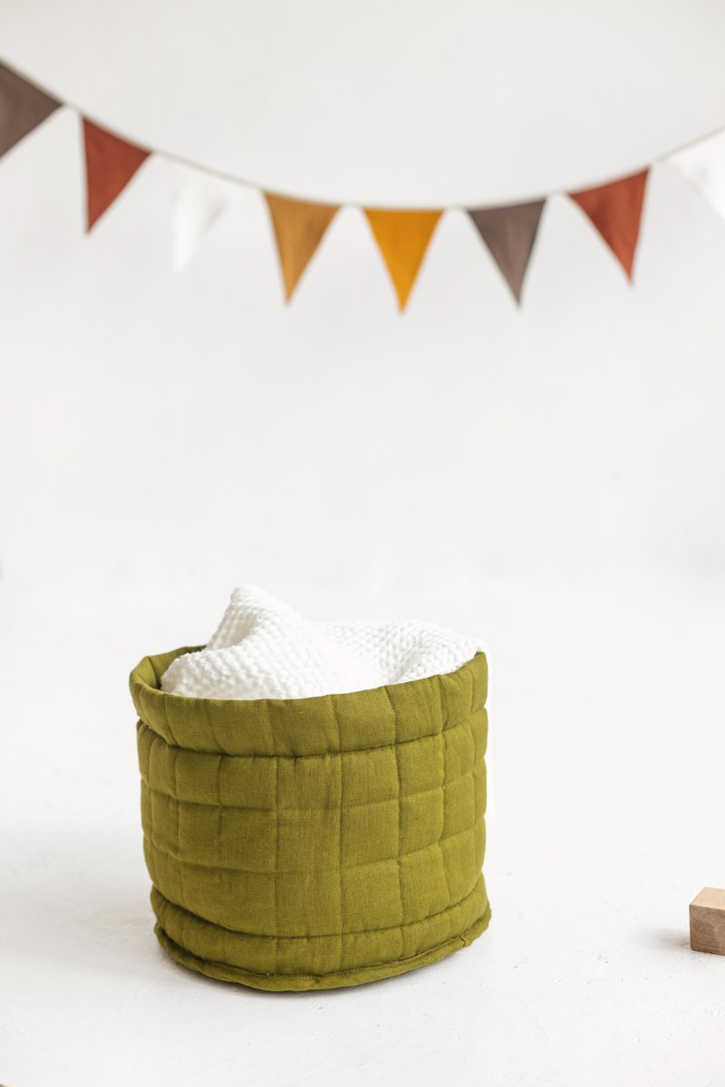 Green Linen Quilted Storage Basket