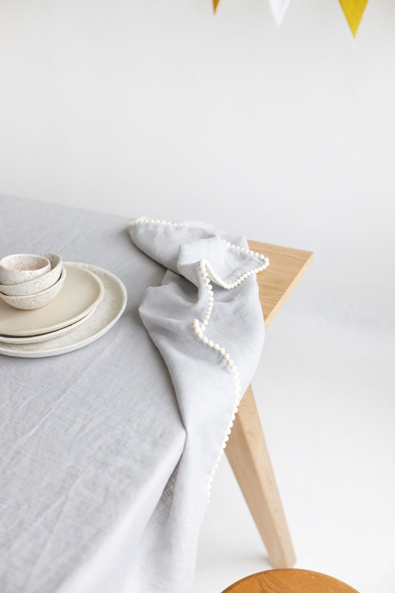 linen pom pom tablecloth