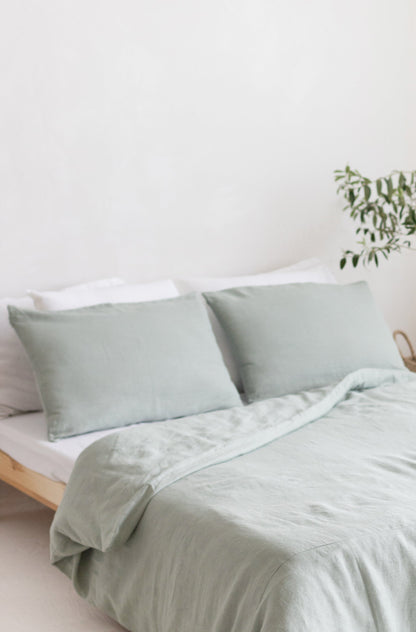 Sage linen bedding set with buttons