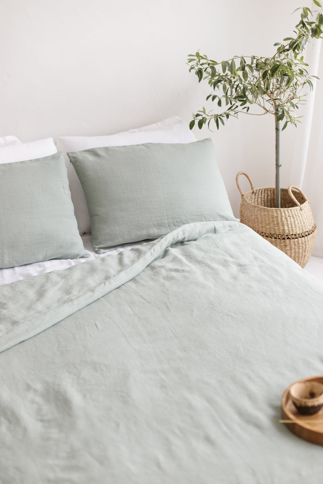 Sage linen bedding set with buttons