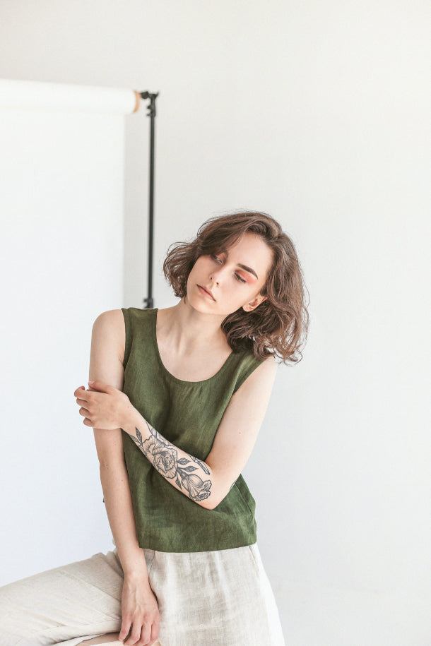 Dark Green Linen Crop Top