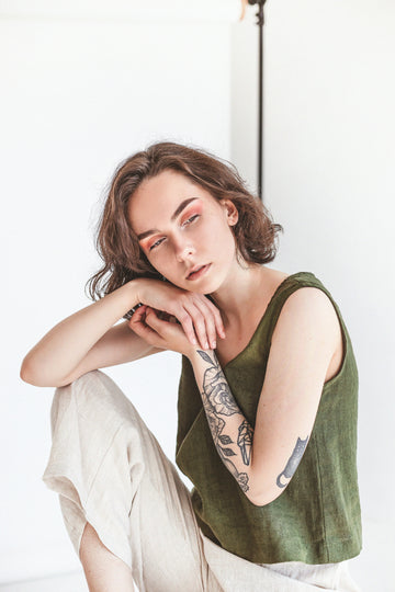 Dark Green Linen Crop Top