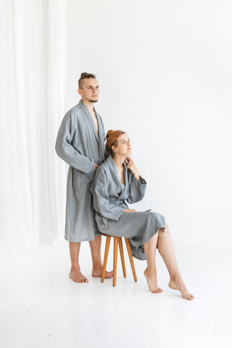 Set of 2 linen bathrobes for him and her