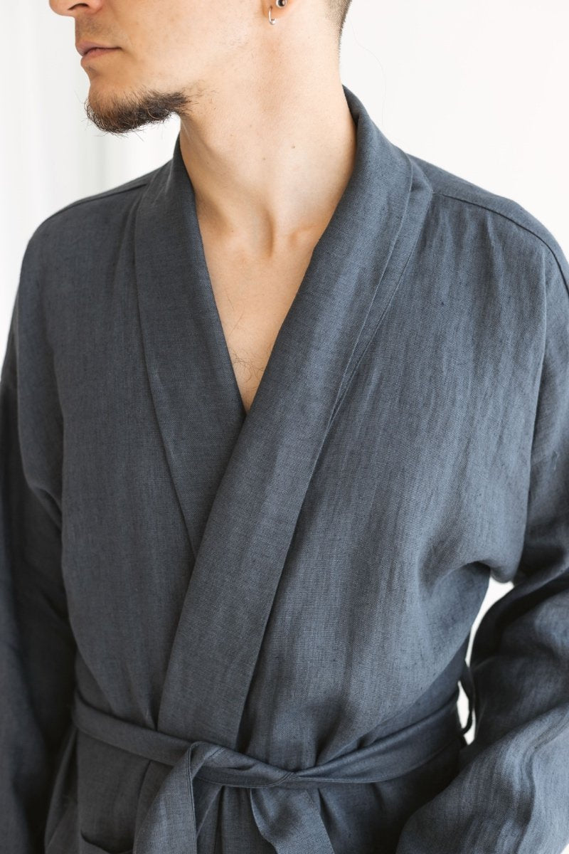 Coal Gray Linen Robe For Men Coal Gray Linen Robe For Men