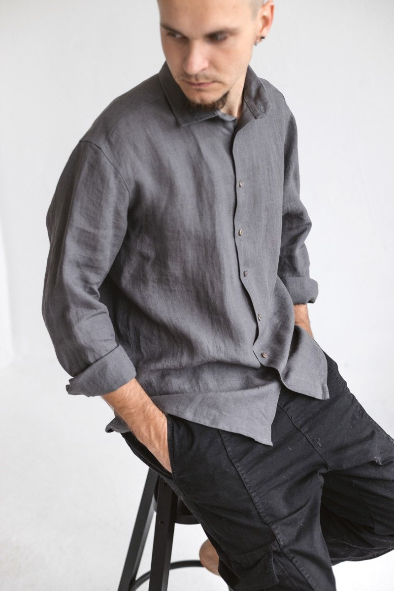 Dark Gray Linen Men's Shirt | SAND SNOW LINEN Sand Snow Linen Dark Gray Linen Men's Shirt | SAND SNOW LINEN Sand Snow Linen