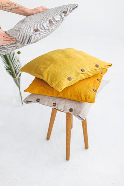 yellow linen pillow cover with buttons