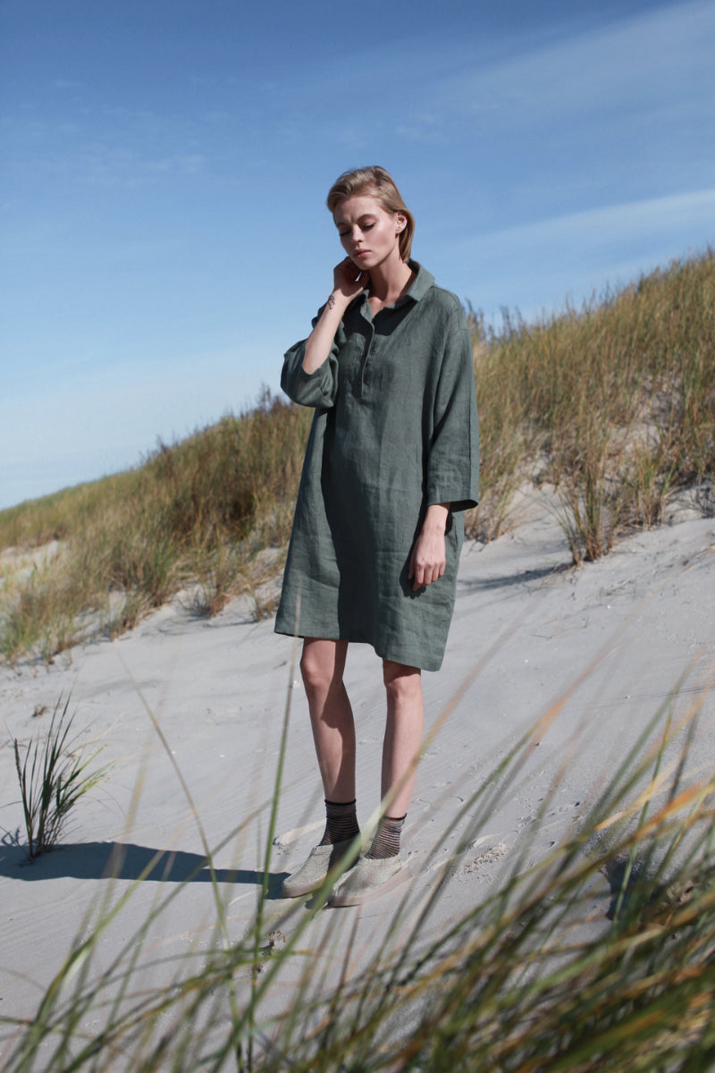 Dark green Linen Shirt Dress