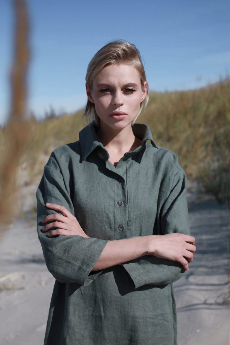 Dark green Linen Shirt Dress