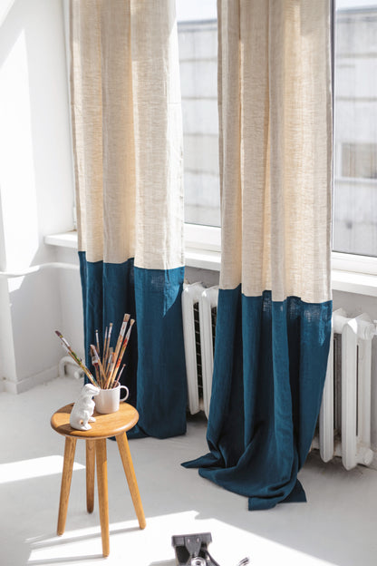 Natural light and Dark teal Color Block Linen Curtain