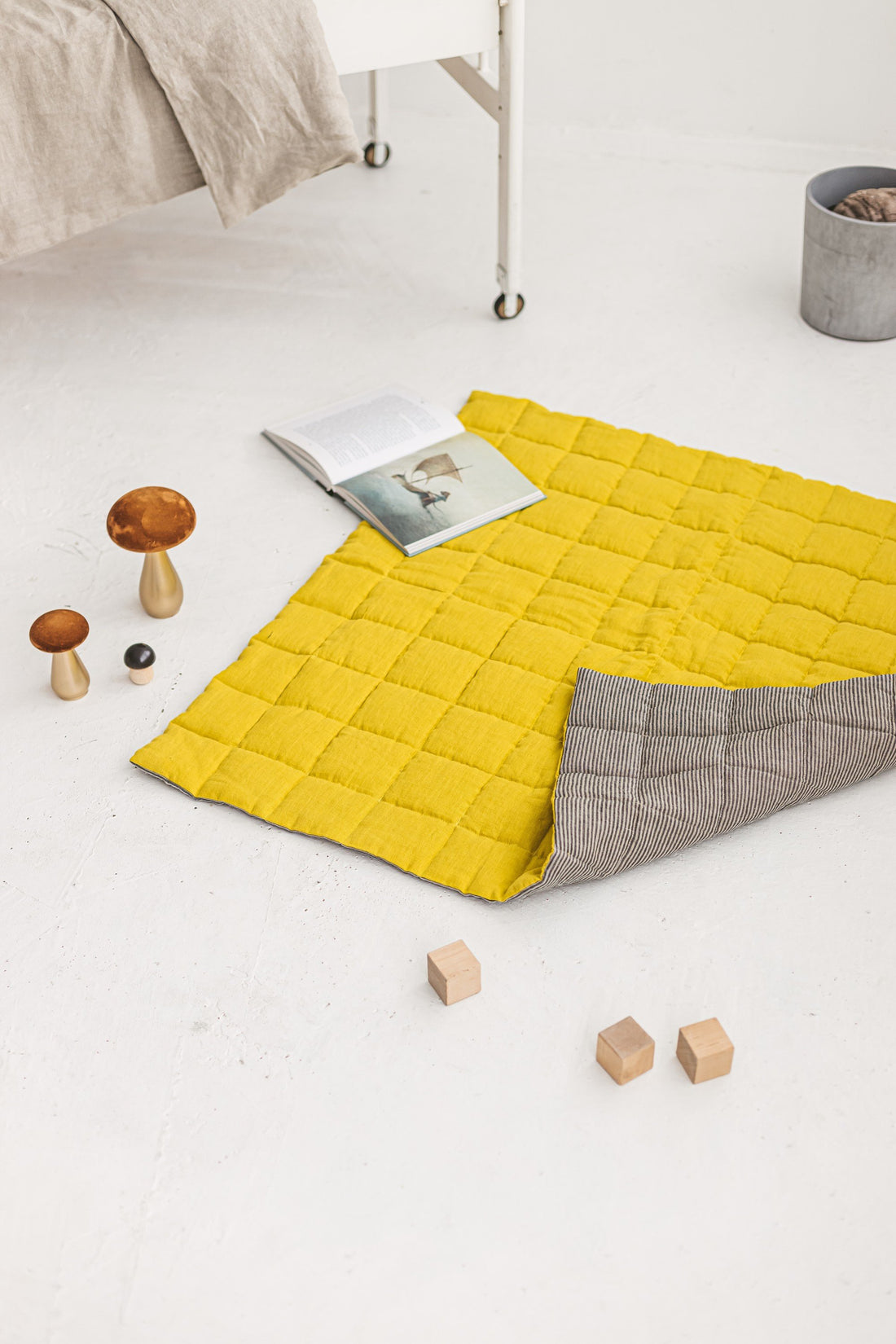 Chartreuse Yellow Striped Black Linen Baby Padded Play Mat