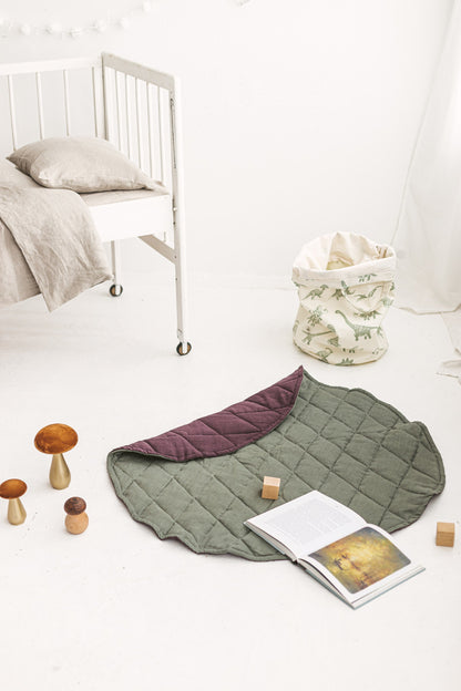 Cloud Gray Dark Teal Round Linen Quilted Rug