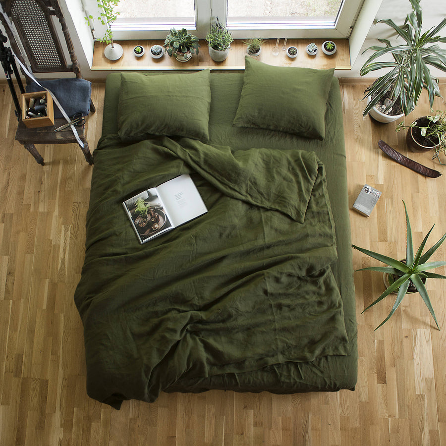 Set Of Forest Green Linen Duvet Cover And Two Pillow Cases