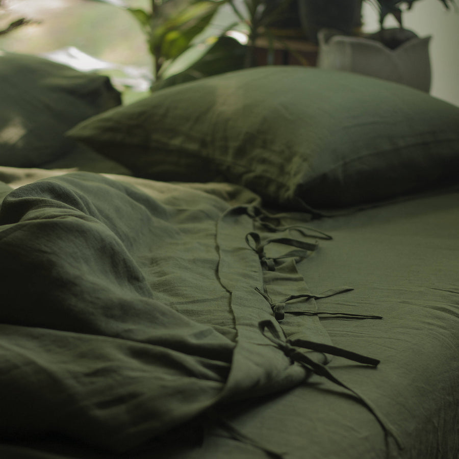 Set Of Forest Green Linen Duvet Cover And Two Pillow Cases