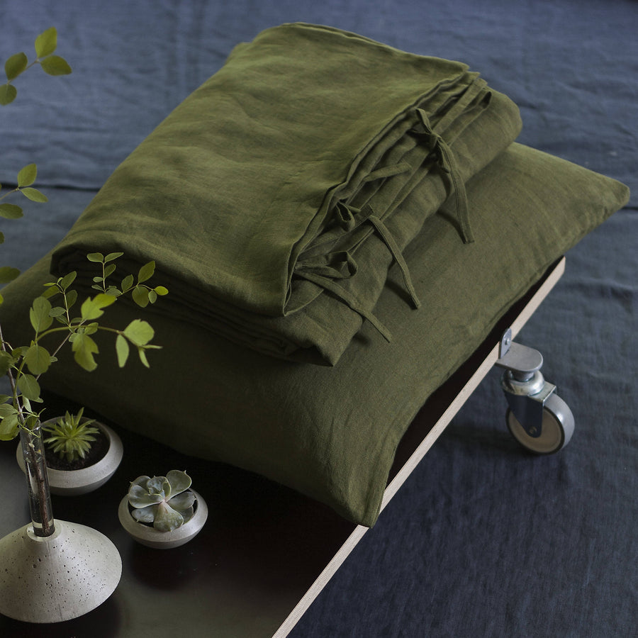 Set Of Forest Green Linen Duvet Cover And Two Pillow Cases