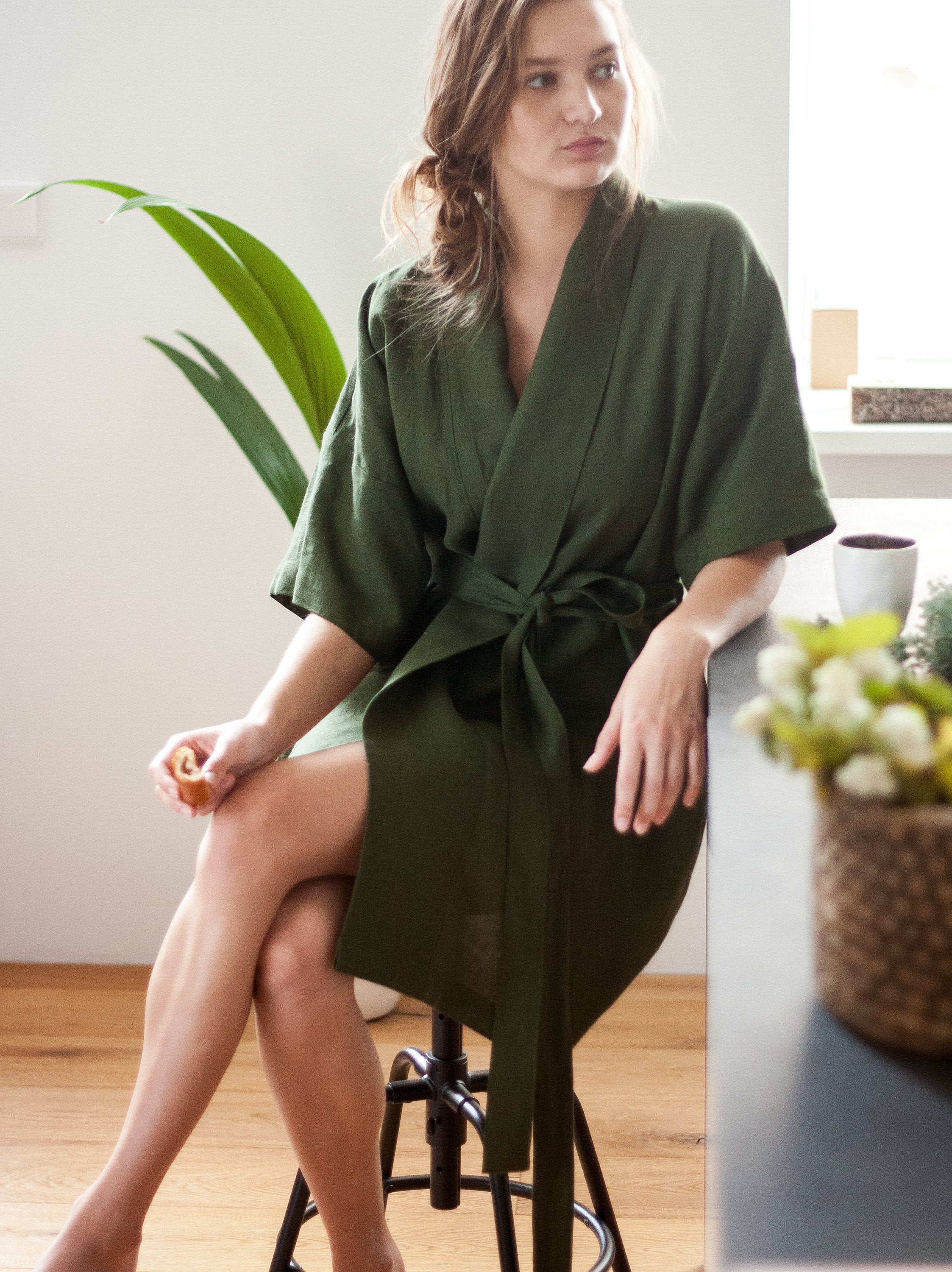 Dark Green Linen Robe Gift Set