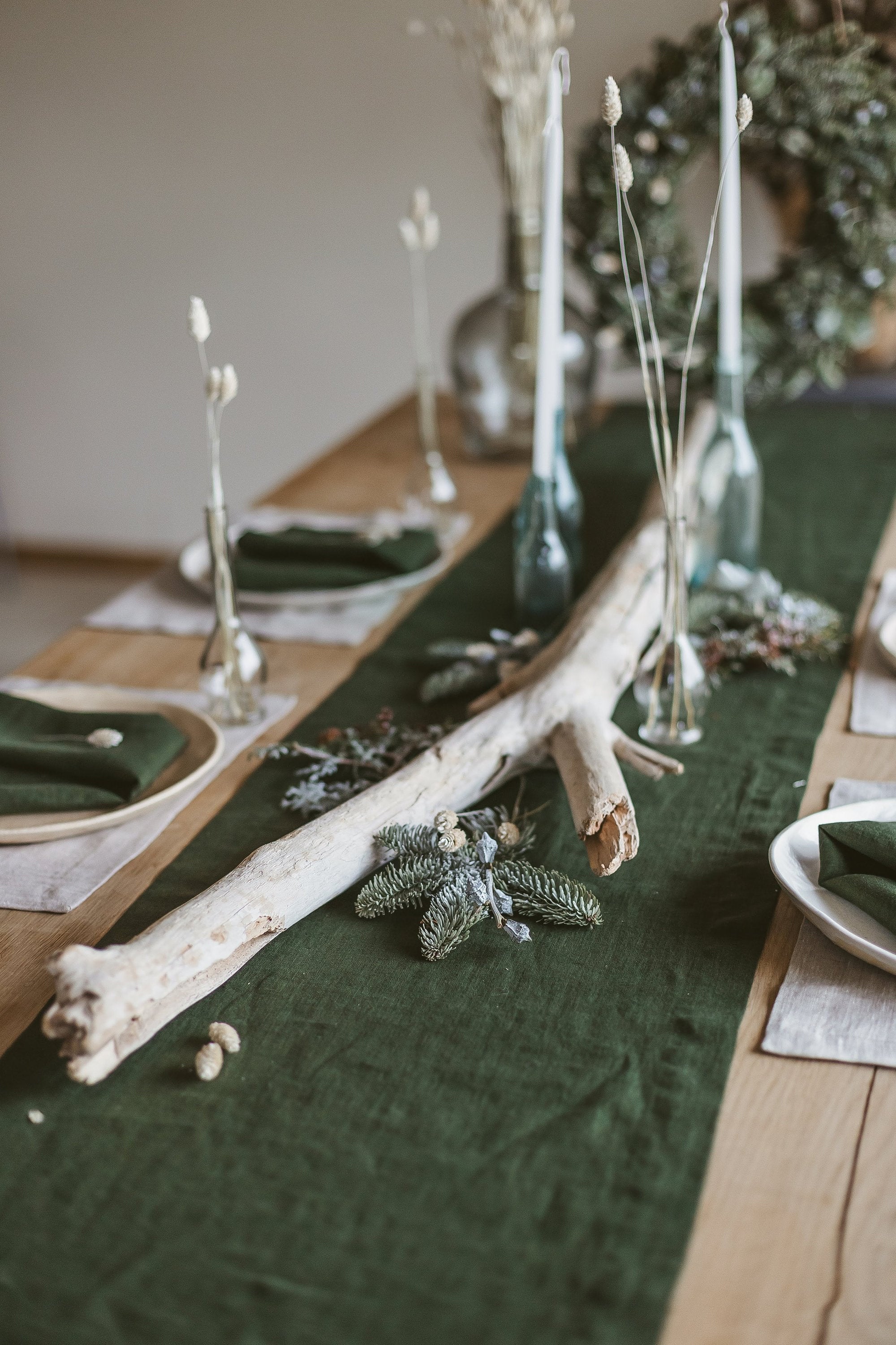 Dark Green Linen Table Runner