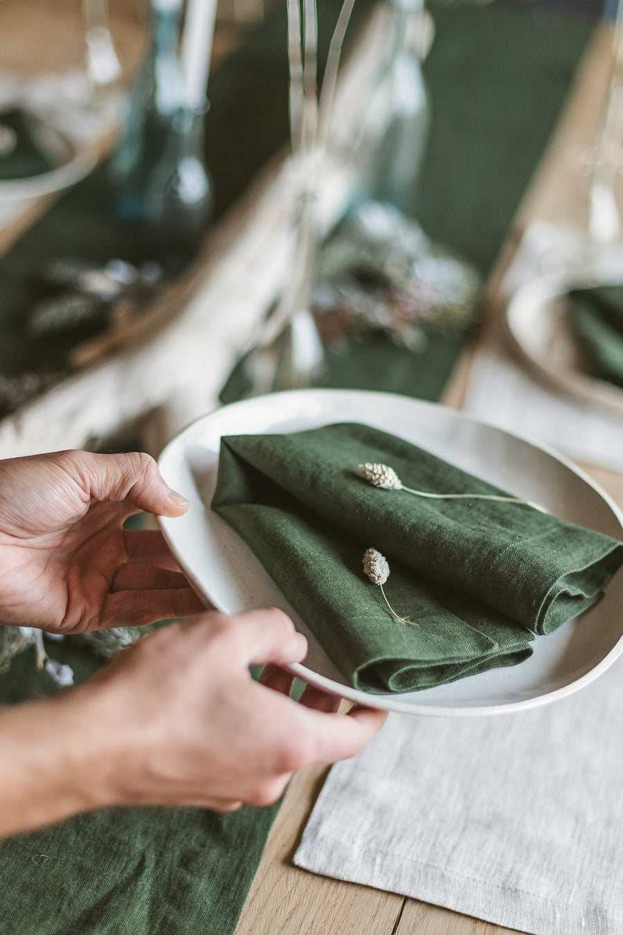 Dark Green Linen Napkins Set Of 2 Mitered Corners