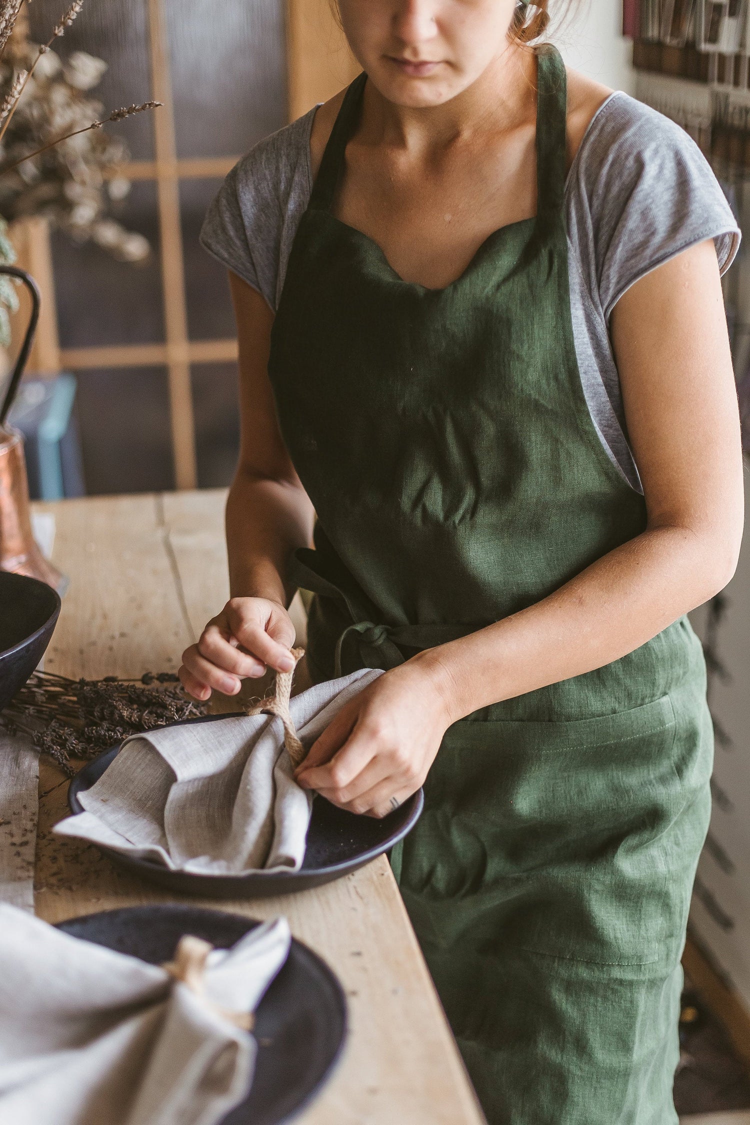 Dark Green Linen Apron