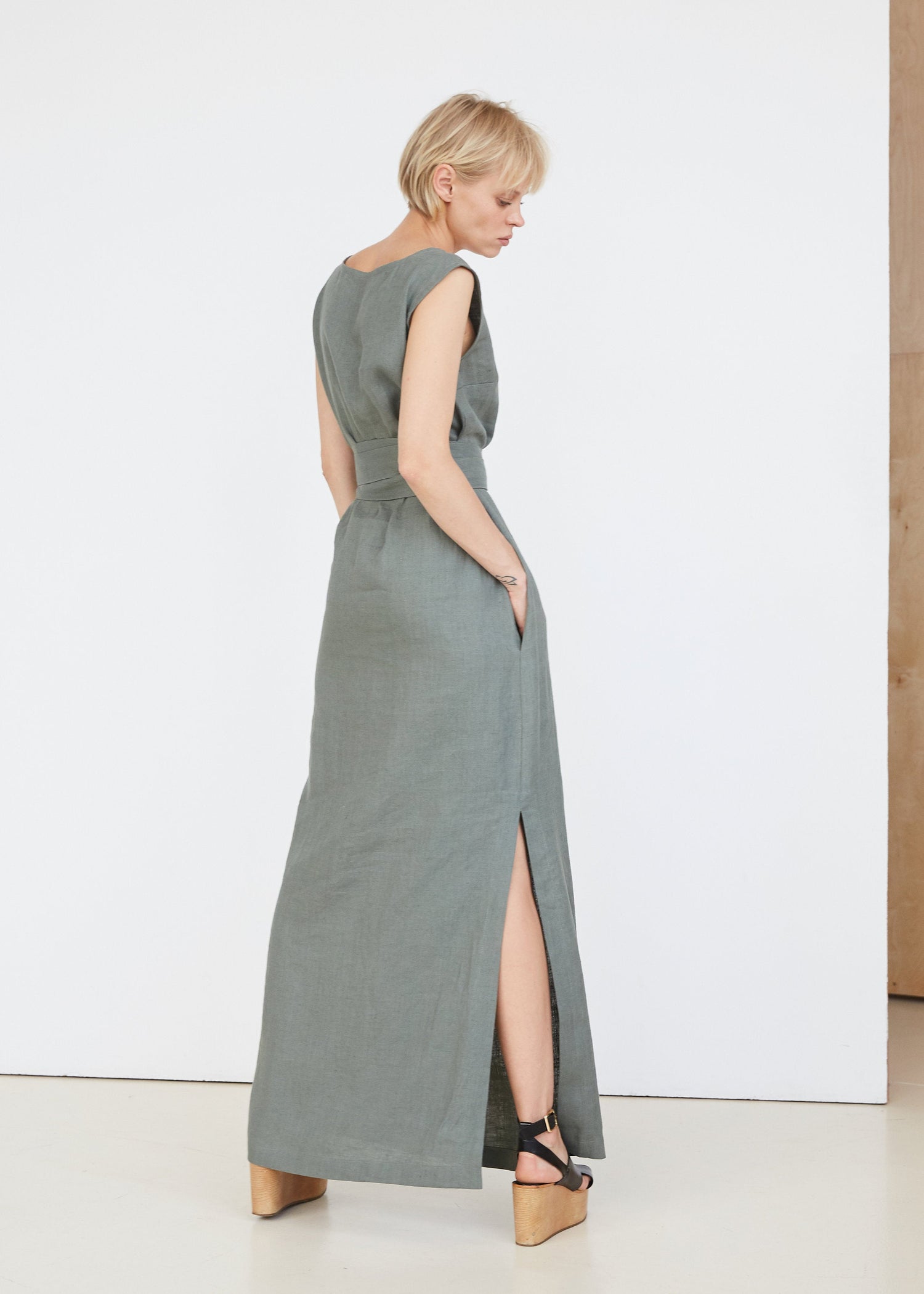 Safari Green Long Linen Dress
