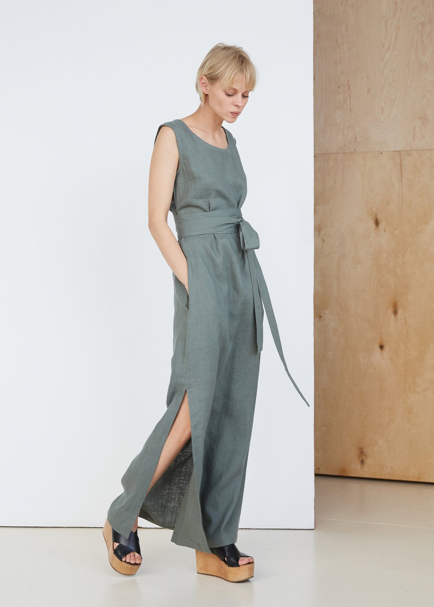 Safari Green Long Linen Dress