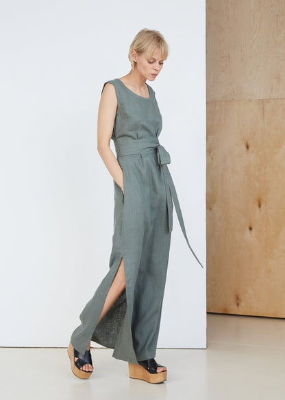 Safari Green Long Linen Dress