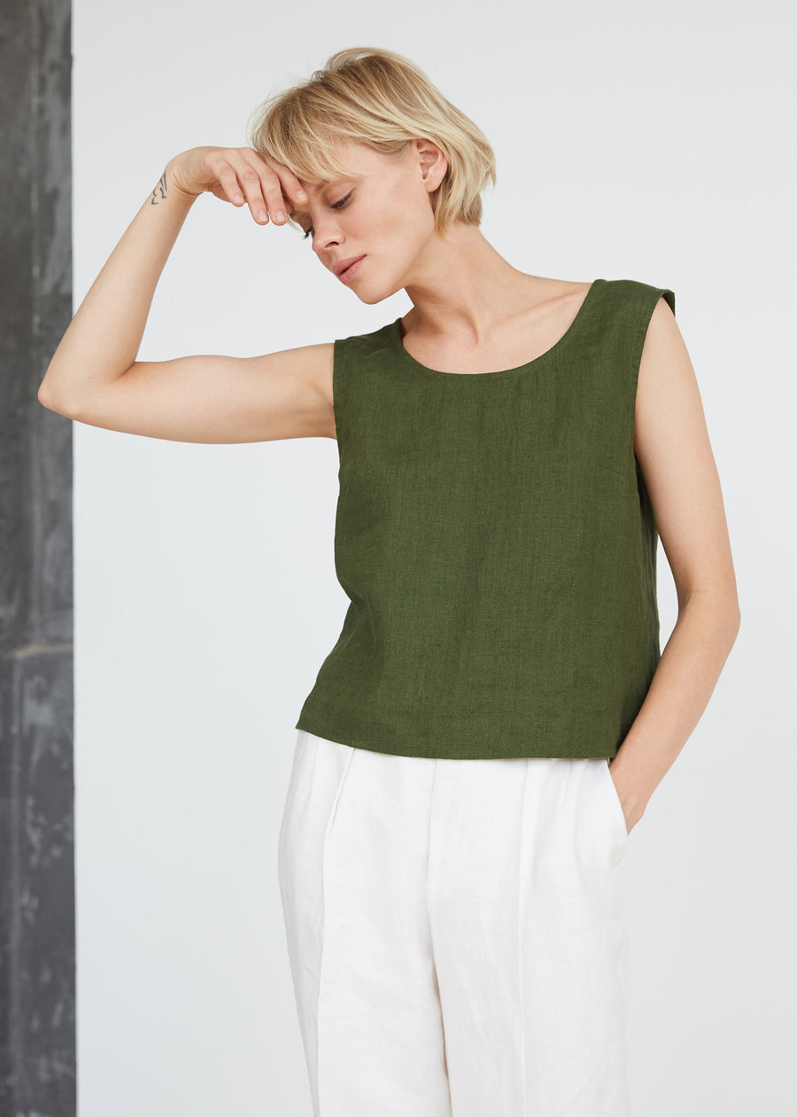 Dark Green Linen Crop Top